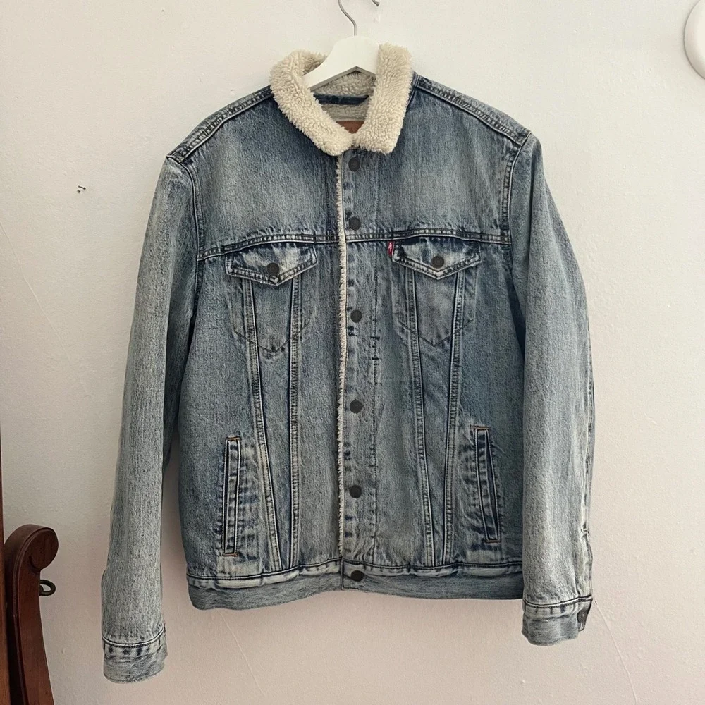 Levi's Men's Light Wash Denim Sherpa-Lined Snap Button 100% Cotton Jacket Size L